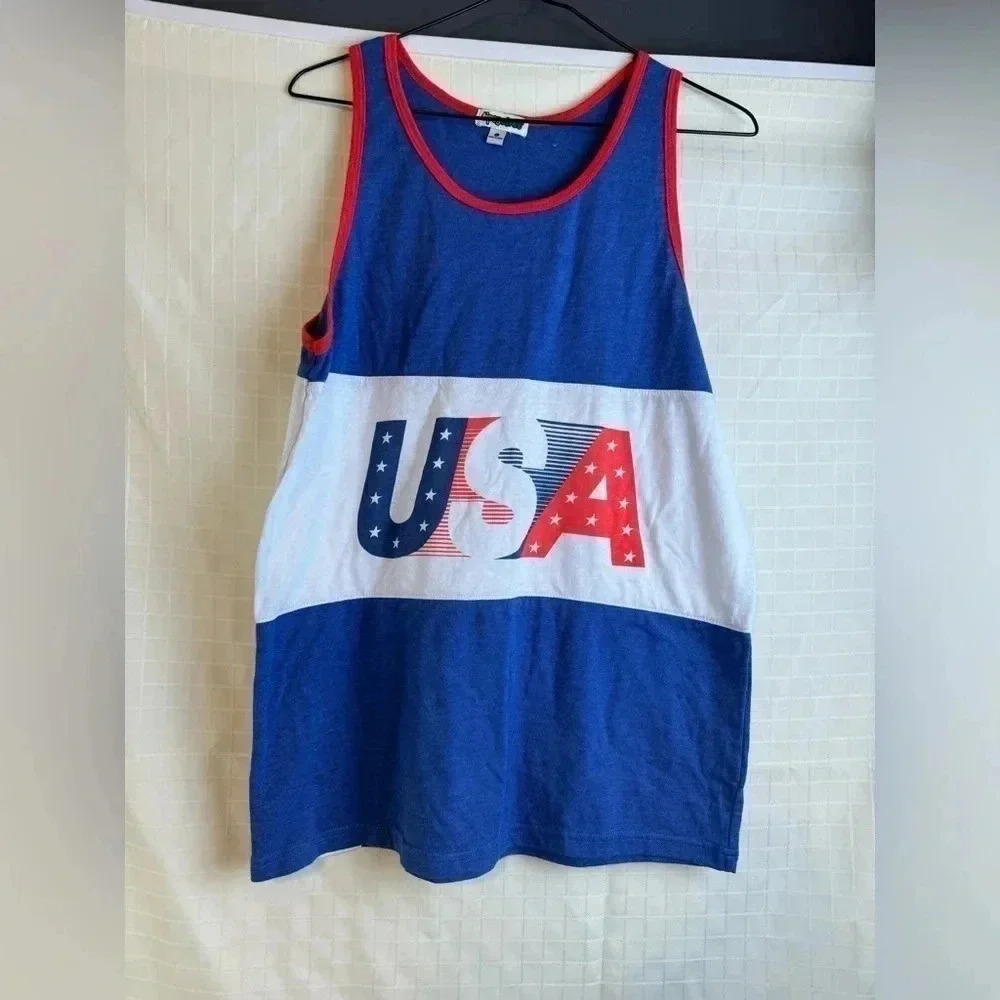 Tipsy Elves USA Tank Top size S Men Blue Red White Spellout Americana